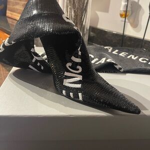 Balenciaga Black Sequined Pointed Sock Boot with White Logo
